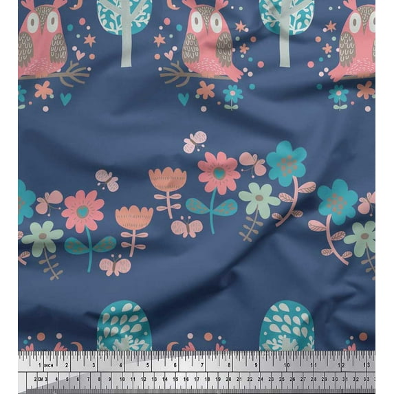 Soimoi Viscose Chiffon Fabric Floral,Tree & Owl Kids Print Sewing Fabric Yard 42 Inch Wide