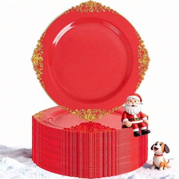 100PCS Red and Gold Plastic Plates - 10.25inch Red Disposable Plates - Heavyweight Dinner Plate for Wedding Party Christmas