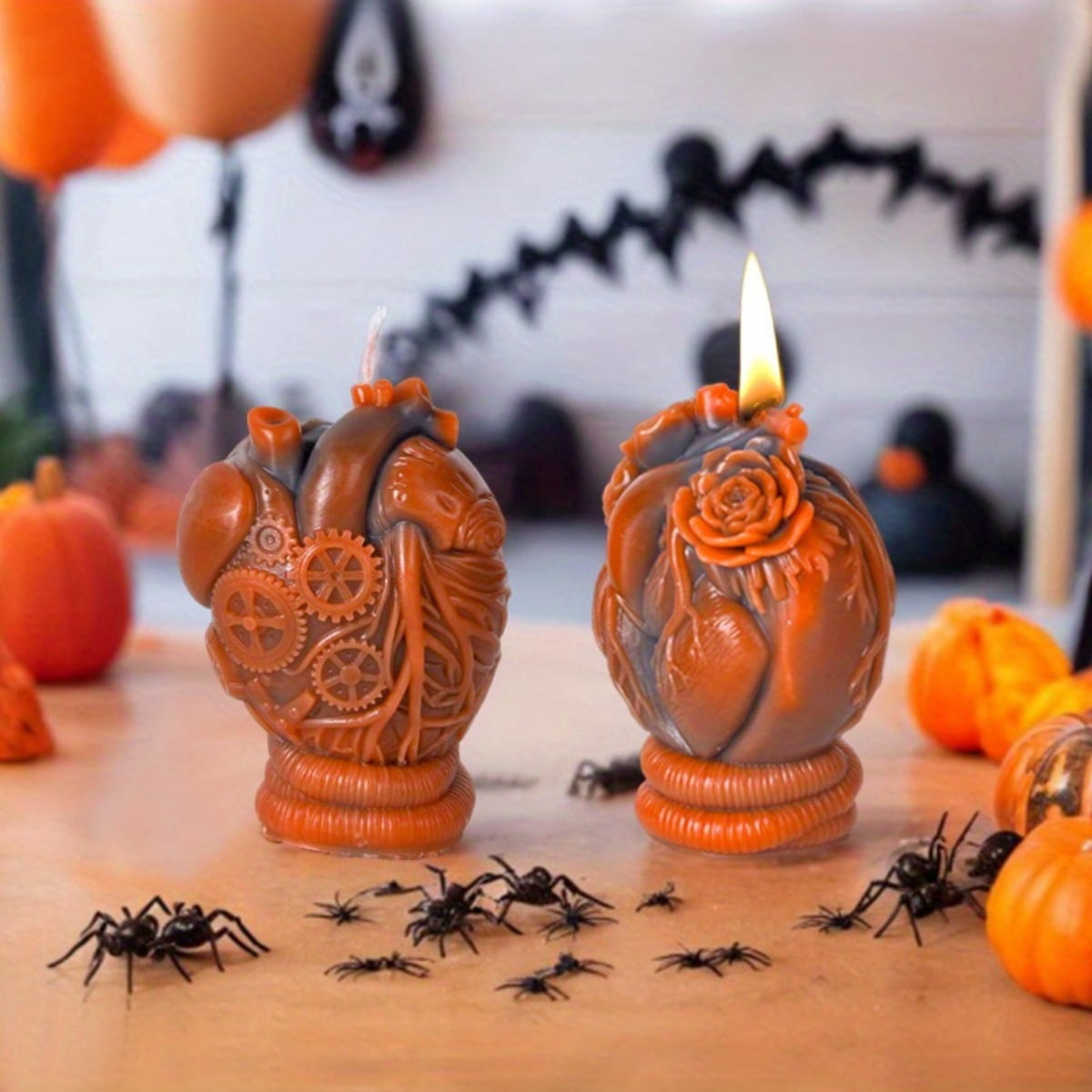 4 Pieces of Halloween Mechanical Heart Scented Candles, A Strange Skull Heart Silicone Mold - Used for Creating Mechanical Heart Design Molds for Halloween Decorations