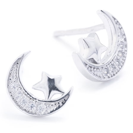 Marisol & Poppy CZ Moon and Star Studs in Sterling Silver for Women, Unisex