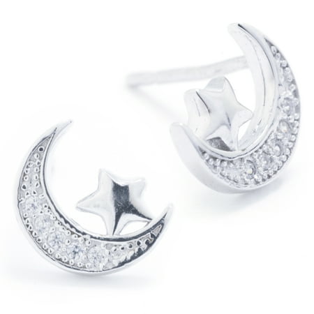 - Marisol & Poppy Fine Sterling Silver Cubic Zirconia Pave Moon and Star Stud Earrings