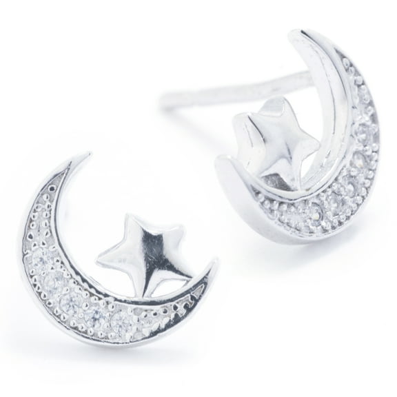 Marisol & Poppy CZ Moon and Star Studs in Sterling Silver for Women, Unisex