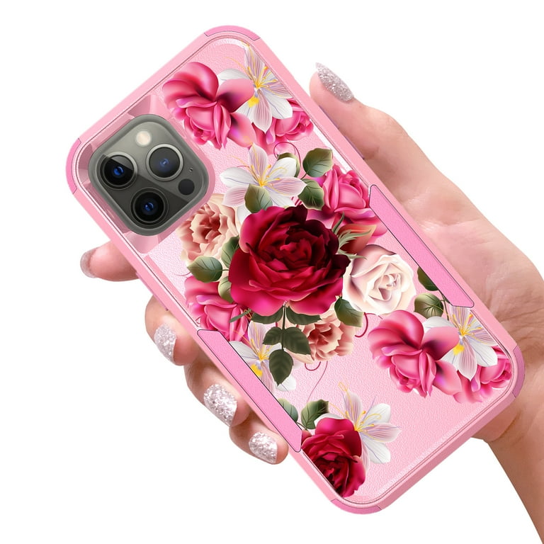 iPhone 13 Pro Max Case Red Floral Rose Shockproof Heavy Duty