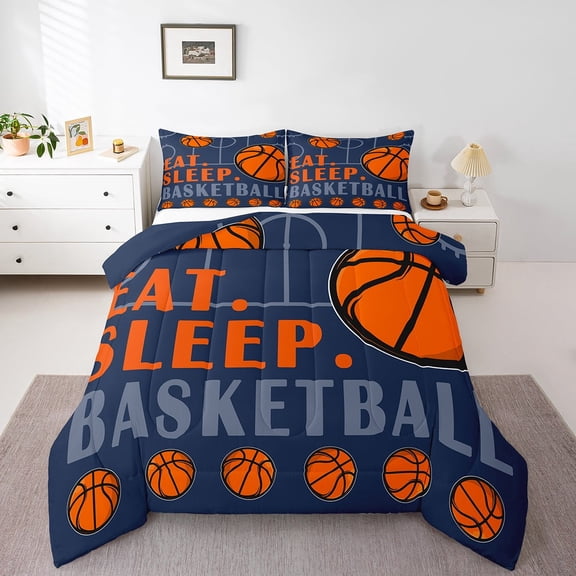 Basketball Comforter Set Sports Bedding Sets Teen Sport Game Ball Theme Down Comforter Basketball Decor Bedroom Bed Set Sports Comforter Sets 2 Pcs Navy Blue Orange