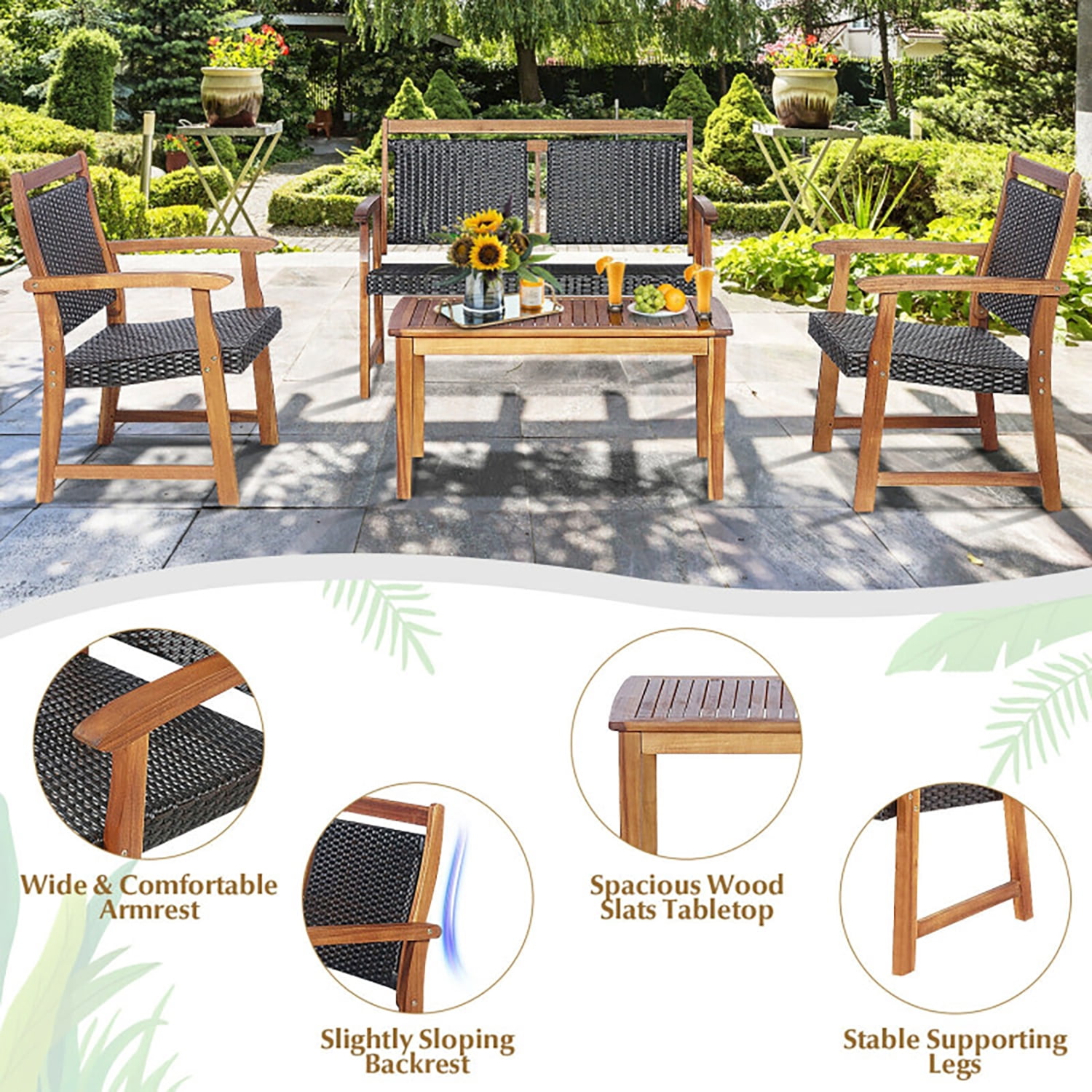 Aimee Lii 4 Pieces Rattan Bistro Set with Acacia Wood Frame, Modern Patio Furniture Aimee Lii 4 Pieces Rattan Bistro Set with Acacia Wood Frame, Modern Patio Furniture