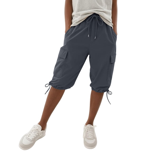 Hngshg Plus Size Cargo Capris for Women Bow Drawstring Solid Color Casual Pants with Pockets Summer Vacation Workout Pants