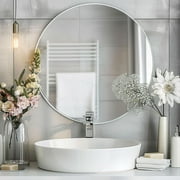 Round White Mirror, Round Mirror 24 inch, Metal Frame, White Circle Wall Mounted Mirrors for Bathroom, Living Room, Bedroom, Entryway, Vanity