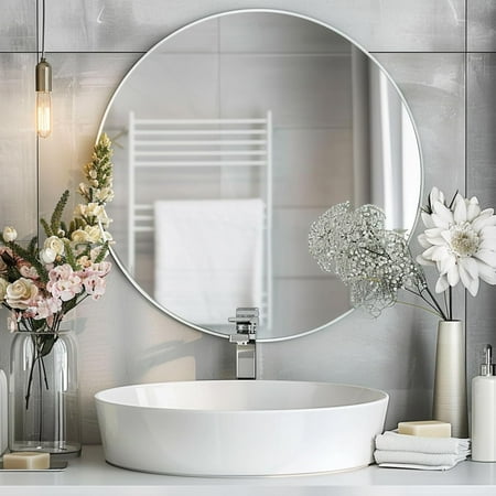Round White Mirror, Round Mirror 24 inch, Metal Frame, White Circle Wall Mounted Mirrors for Bathroom, Living Room, Bedroom, Entryway, Vanity