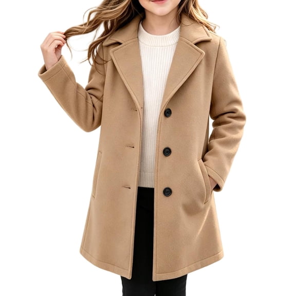 Wilark Girls Winter Wool Tweed Trench Coats with Pockets Mid Length Casual Elegant Long Sleeve Notch Lapel Single Breasted Overcoat Brown 5-14