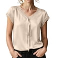 thumbnail image 2 of TGSLY Lace Trim Satin Tops for Women Smooth Soft V Neck Bow Tie Front Shirts Loose Dressy Casual Solid Color Cap Sleeve Blouses XL, 2 of 7