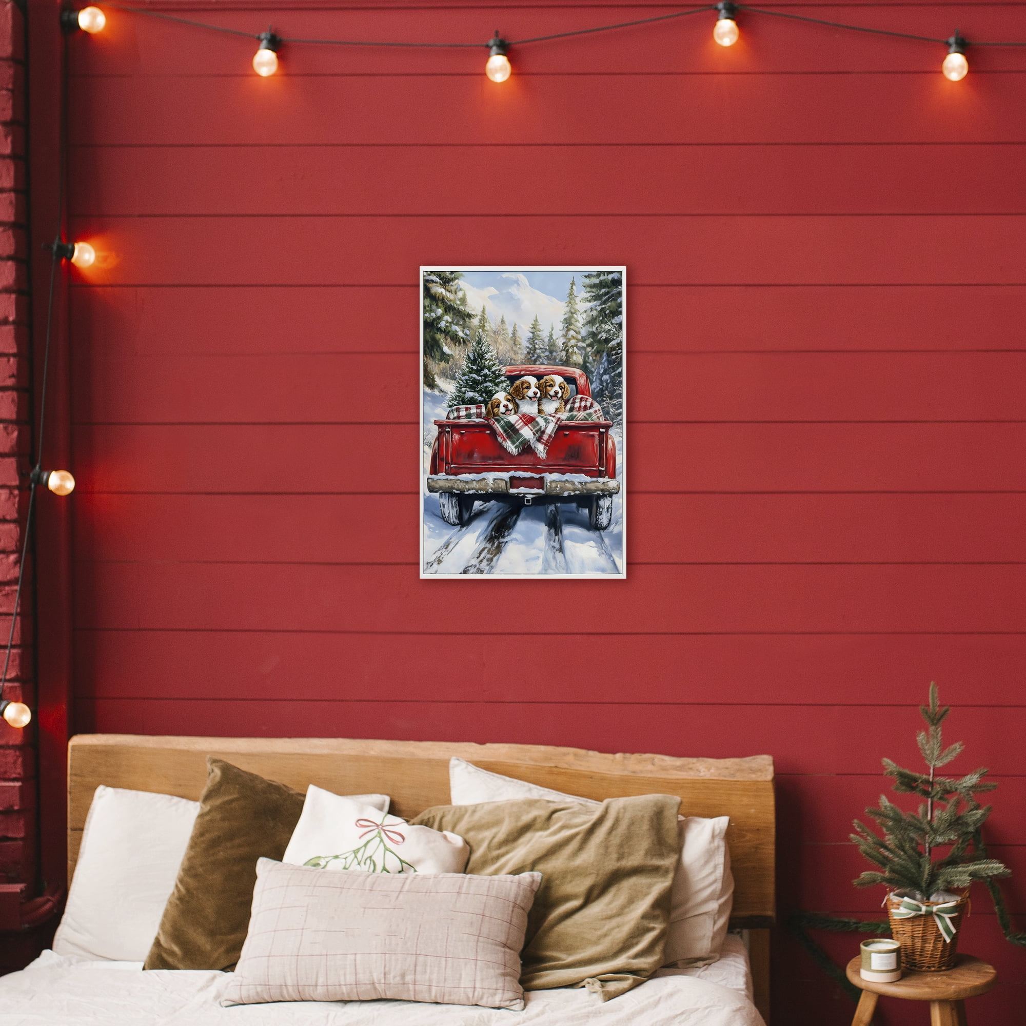 Christmas Truck Pups Trio White Framed Giclee Art, design by Petal Prints Design