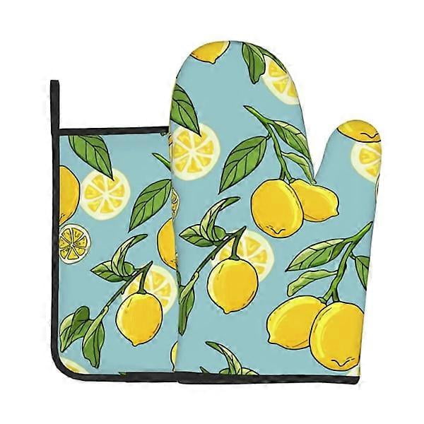 Yellow Lemon Fruit Oven Mitts and Pot Holder Set Blue Resistant Hot Pad Non-Slip Baking Gloves Kitchen Mitt for Grilling Cooking