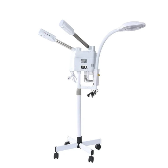 Vaporizador Facial Profesional 3 en 1 con 8X Lupa LED y Vapor Ozono/Iónico, Boquilla Caliente/Fría PTC, con Ruedas y Brazo Ajustable 360° para Esteticista, Spa, Salon y Hogar