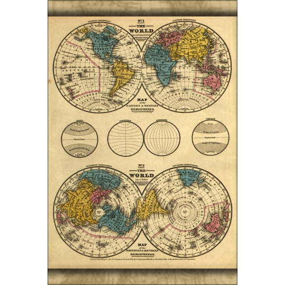 24"x36" Gallery Poster, map of Hemispheres of the world 1839
