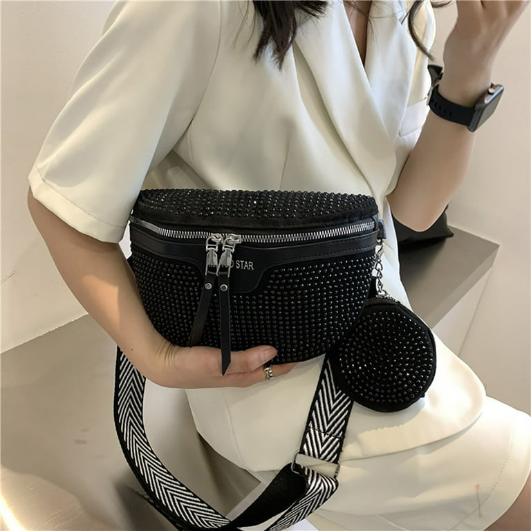 CHAMAIR Fashion Rhinestone Waist Belt Bag Women Chest Crossbody Fanny Pack Black