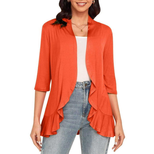 UPPADA Women 3/4 Sleeves Cardigan Casual Solid Open Front Lightweight Flowy Cardigan Ruffles Knit Cardigan Orange,M