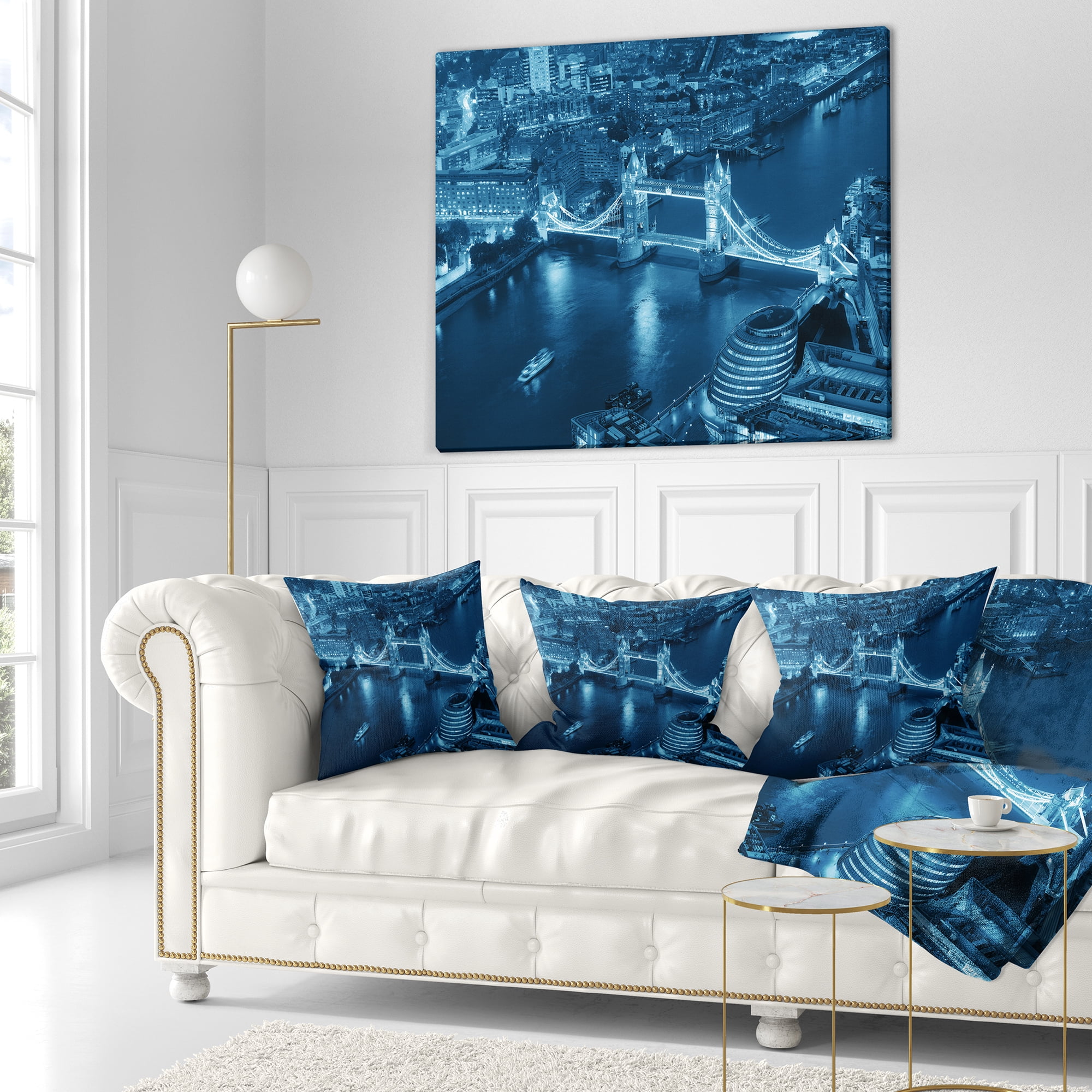 Designart Blue London Night Aerial View - Cityscape Throw Pillow - 18x18