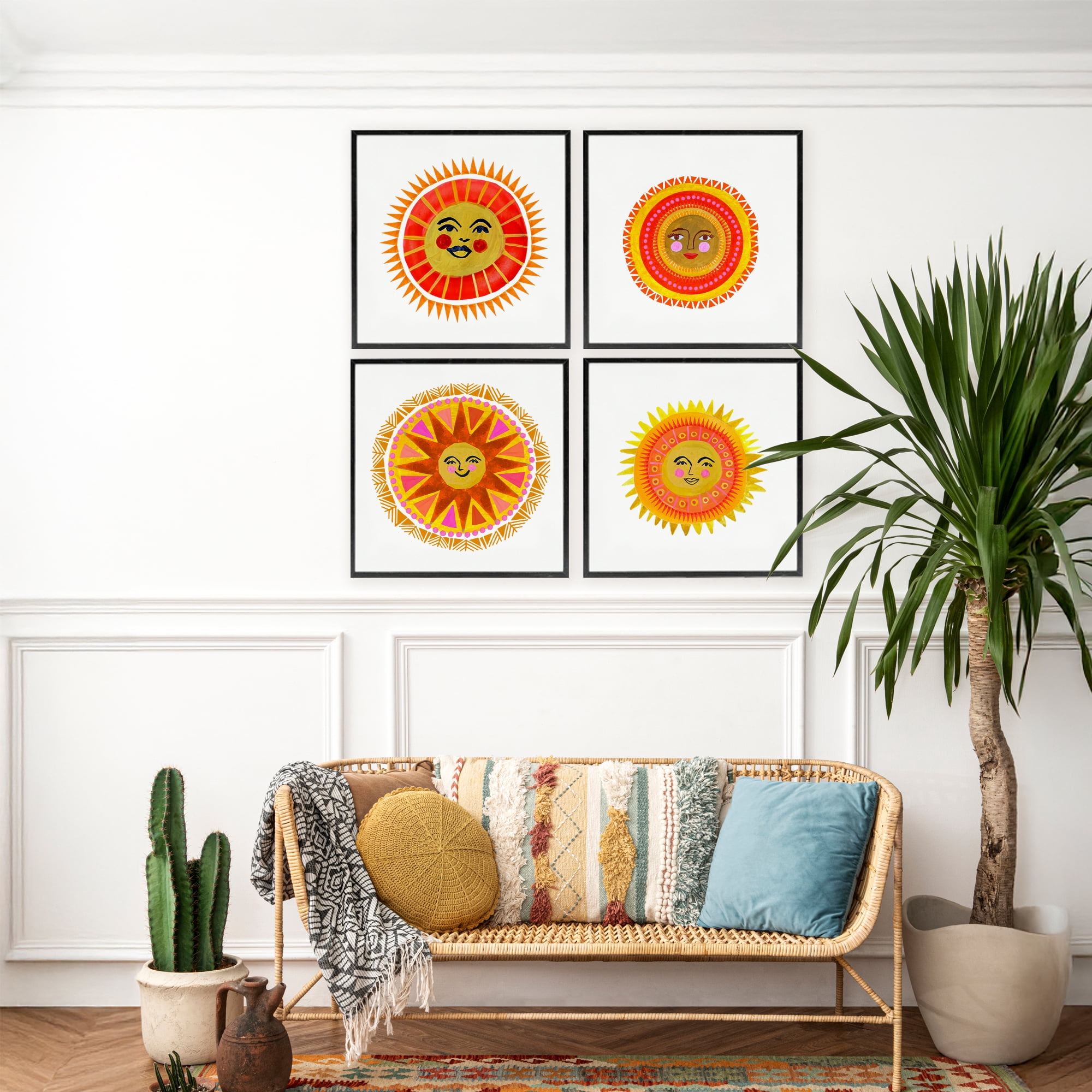 Stupell Industries Warm Happy Suns 4 Piece Black Framed Giclee Art Set, design by Katherine Herrell Studio