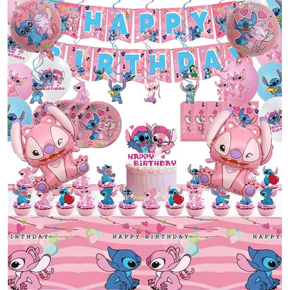 85 pieces of pink birthday party decorations, banners, balloons, tableware, napkins, banners, cards, tablecloths, and themed party decorations.
