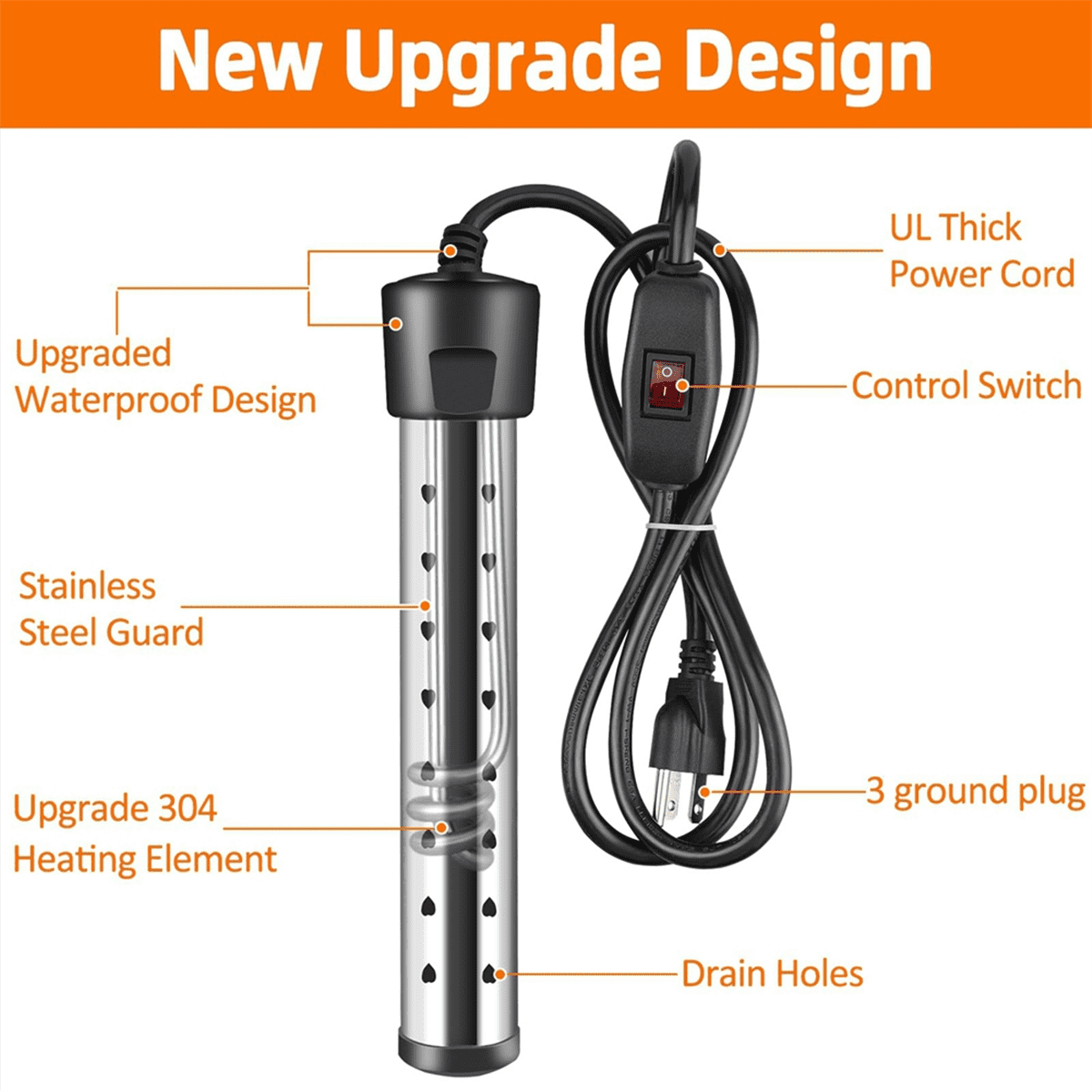 Immersion Water Heater,1500W Pool Heater with Switch Control,Bathtub Heater with Intelligent Temperature Control Us Plug