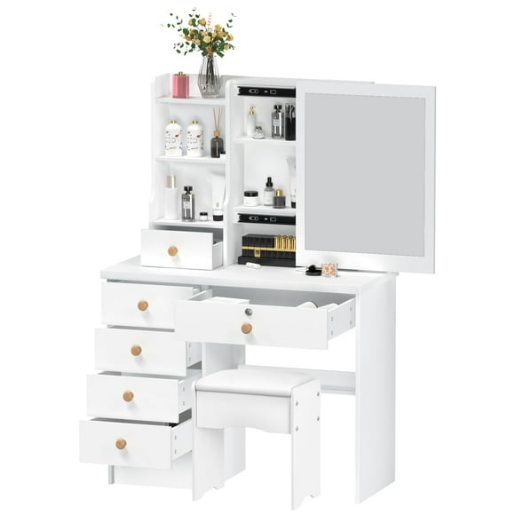 Vanity Desk with Sliding Mirror, Bedroom Dressing Table, Makeup Desk with 6 Drawers, Open Shelves, Hidden Storage Space
