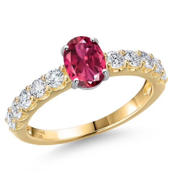 Gem Stone King 14K Two Tone Gold Pink Tourmaline and Lab Grown Diamond Engagement Ring for Women | 1.50 Cttw | Oval 7X5MM | Gemstone October Birthstone | Size 7