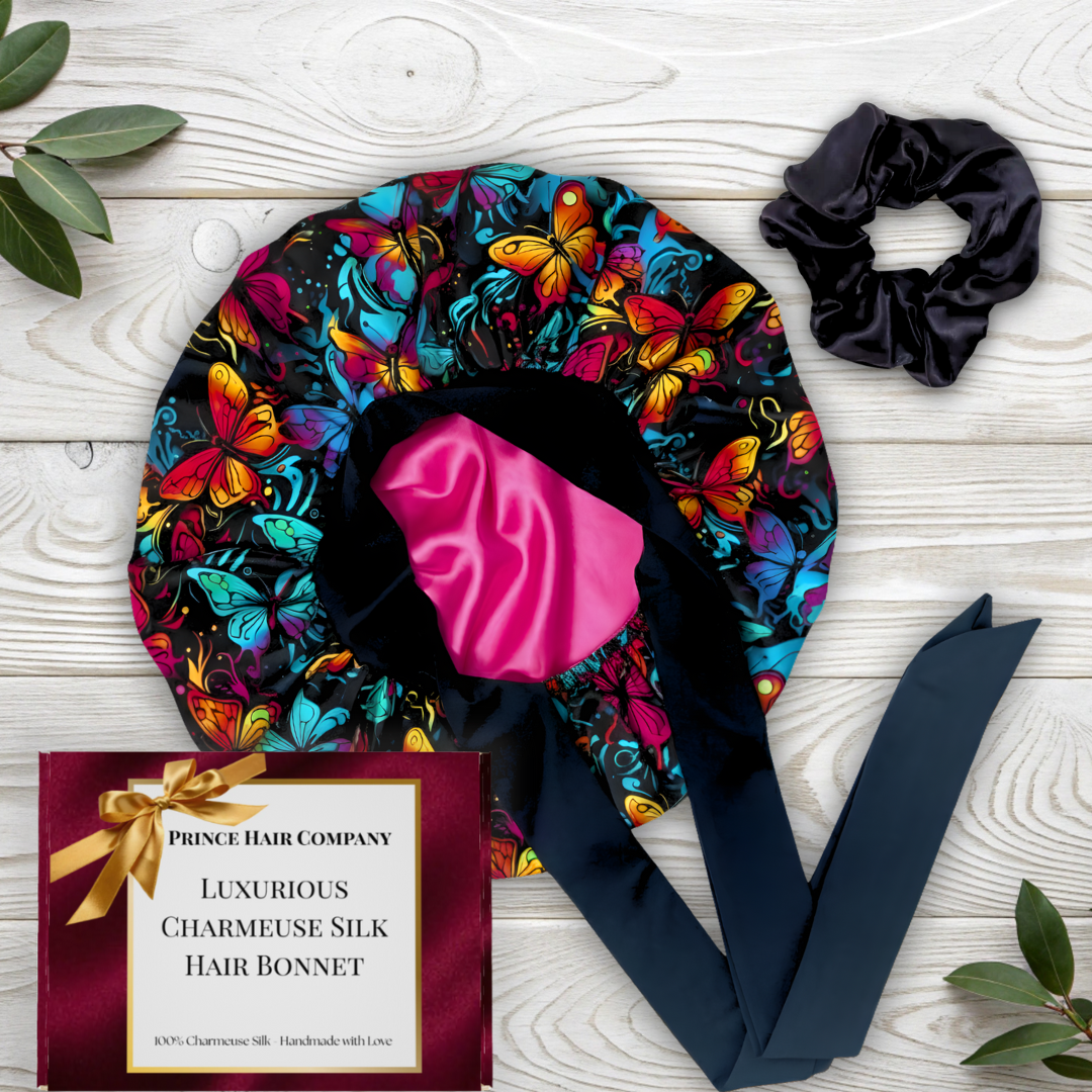 Prince Hair Company XL Premium Charmeuse Silk Sleep Bonnet for Women in Graffiti Butterfly Print