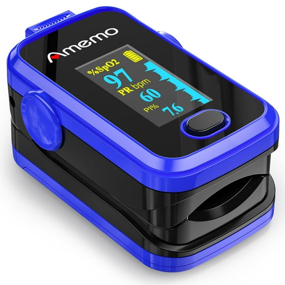 Oxímetro de pulso, monitor de oxígeno en la punta del dedo con pantalla OLED, monitor de saturación de oxígeno en sangre (SpO2) con estuche de transporte y funda de silicona (azul)
