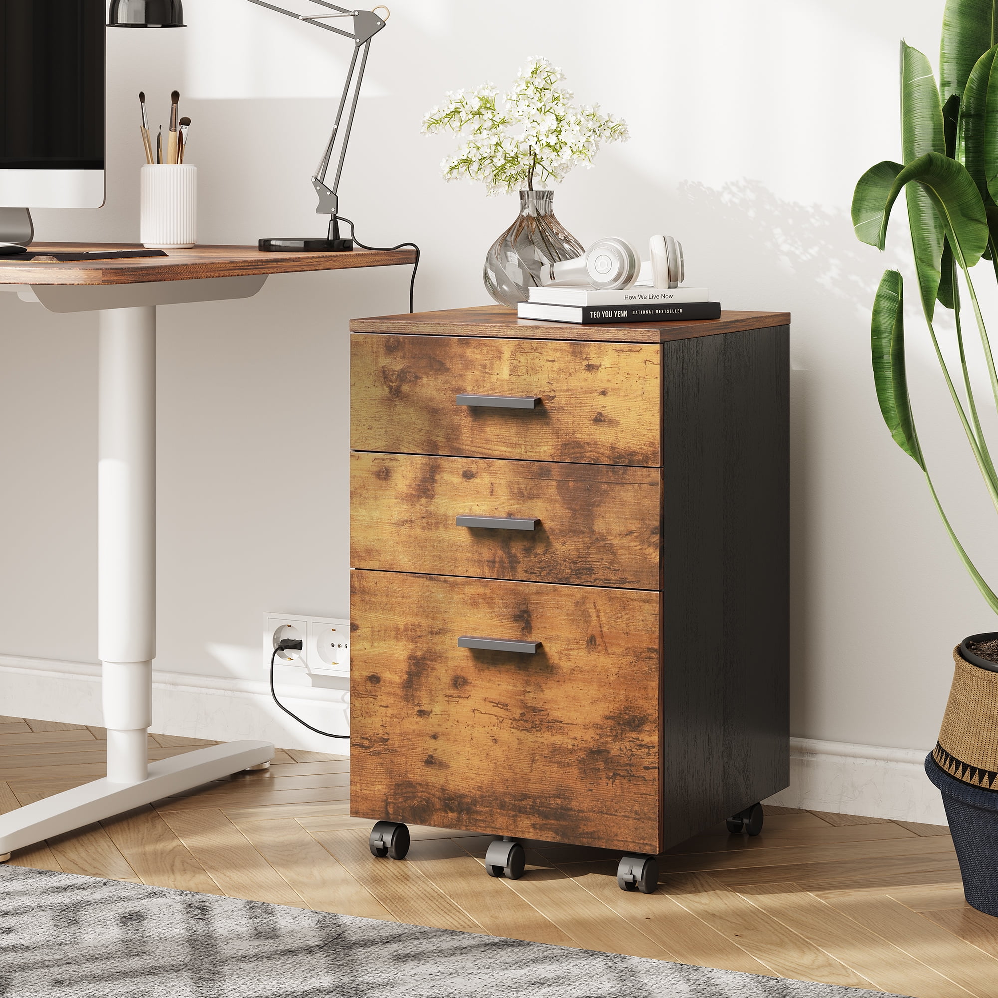 GALAXHERO 3-Drawer Wood Mobile Filing Cabinet, Rolling File Cabinet for Home Office, Fits Letter/A4 Size Documents, Rustic Brown