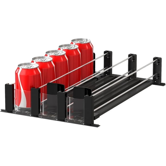 Drink Organizer for Fridge, Soda Can Dispenser for Refrigerator with Self-Pushing Width Adjustable Glide, Beverage Water Bottle Beer Pop Can Storage Holder Organizer, Holds up to 15 Cans