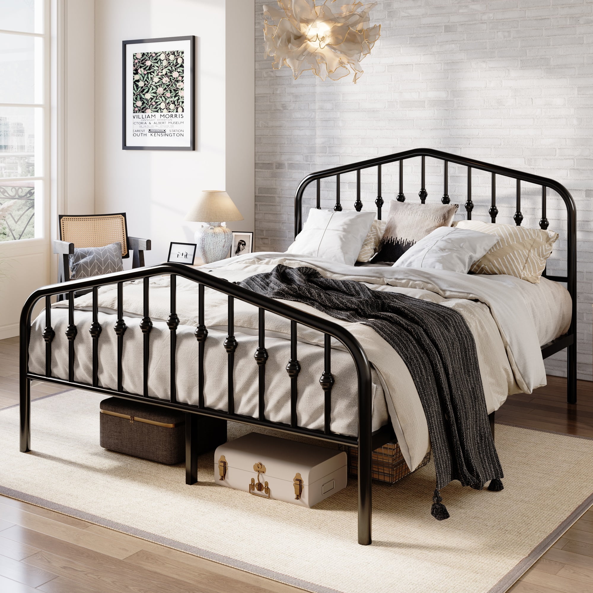 Sha Cerlin Queen Size Wood Bed Frame, Metal Platform with Rivet