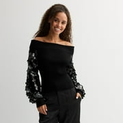 Juniors' madden girl Long Sleeve Marilyn Neck Puff Paillette Sleeve Pullover Top