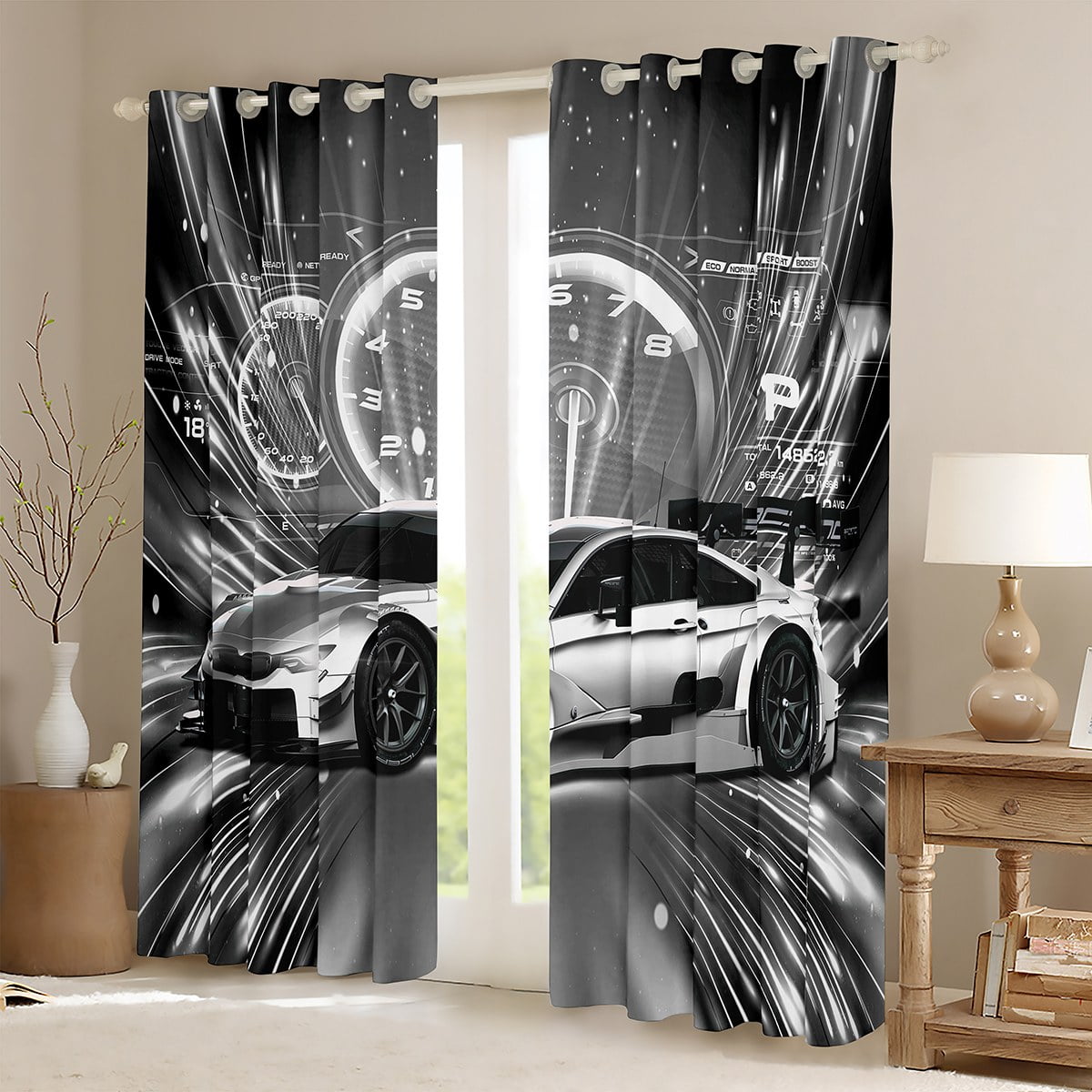 Erosebridal Sports Car Blackout Curtains Racing Sports Game Curtains Retro Grey Race Car Curtains & Drapes Cool Sports Grunge Vintage Decor Window Treatments 42''Wx63''L