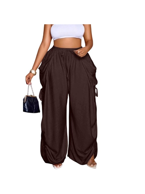Women's Plus Size Linen Wide Leg Pants, Elastic Waist Drawstring Casual Loose Trousers with Side Pockets, Drapey Flowy Lounge Pants for Spring Fall Daily Wear 05-Royal Blue M
