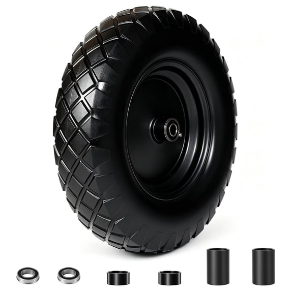 Leumius Set of 1 4.80/4.00-8 Flat-Free Solid Wheelbarrow Tire and Wheel, 16" Solid Tire with 5/8" & 3/4" Bearings, 3" Hub for Hand Truck, Garden Cart, Trailer, Trolley, Wagon