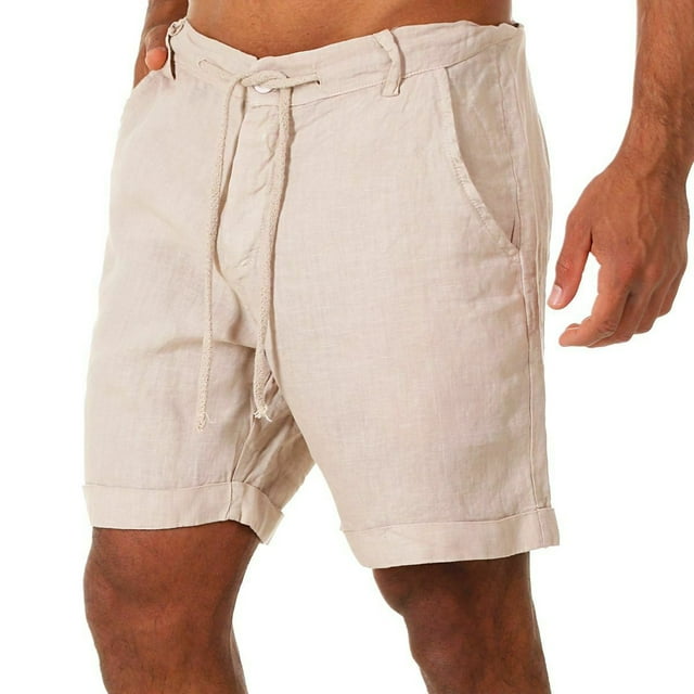 YUGYXL Drawstring Linen Shorts for Men Button Zipper Summer Shorts with Pockets Beach Shorts Vacation Shorts Beige L