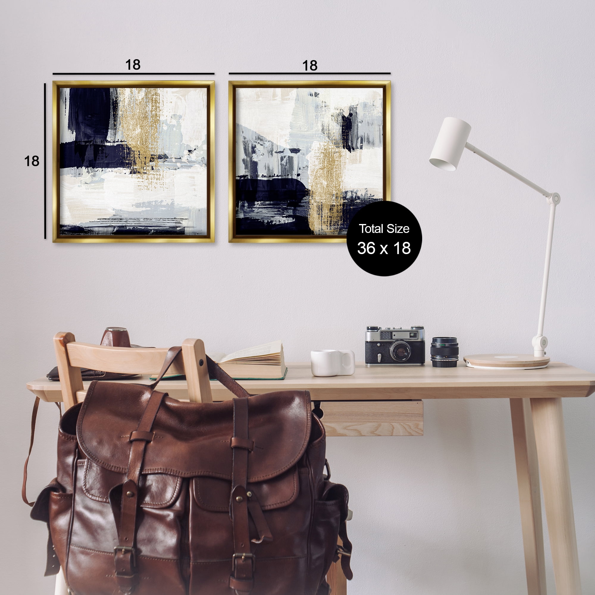 Stupell Industries Patchy Navy Gold Abstract Abstract Painting Gold Floater Framed Canvas Art Print Wall Art, 18 x 18, Set of 2