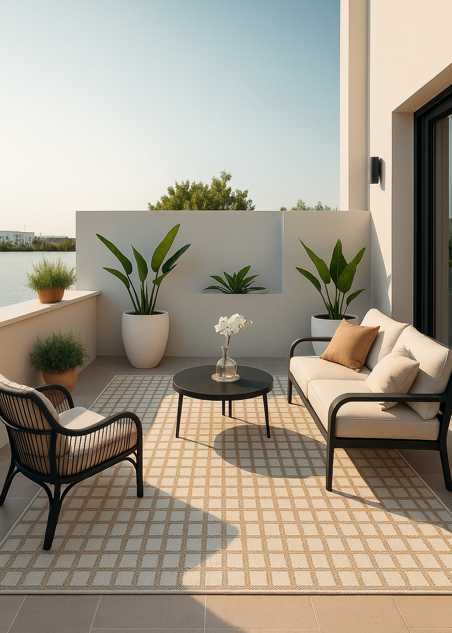 Tapis d'interieur exterieur a carreaux Rug Branch Maise, beige creme, moderne - Entree, couloir, salle de bain et cuisine