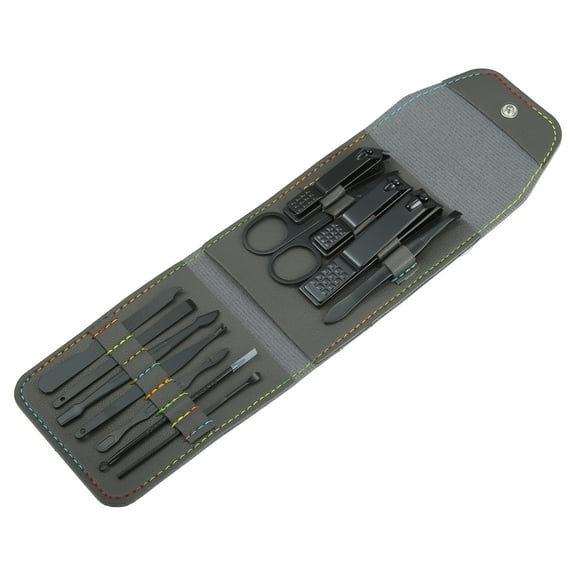 Unique Bargains 12 pcs Manicure Set with Gray PU Case Stainless Steel Personal Care Black