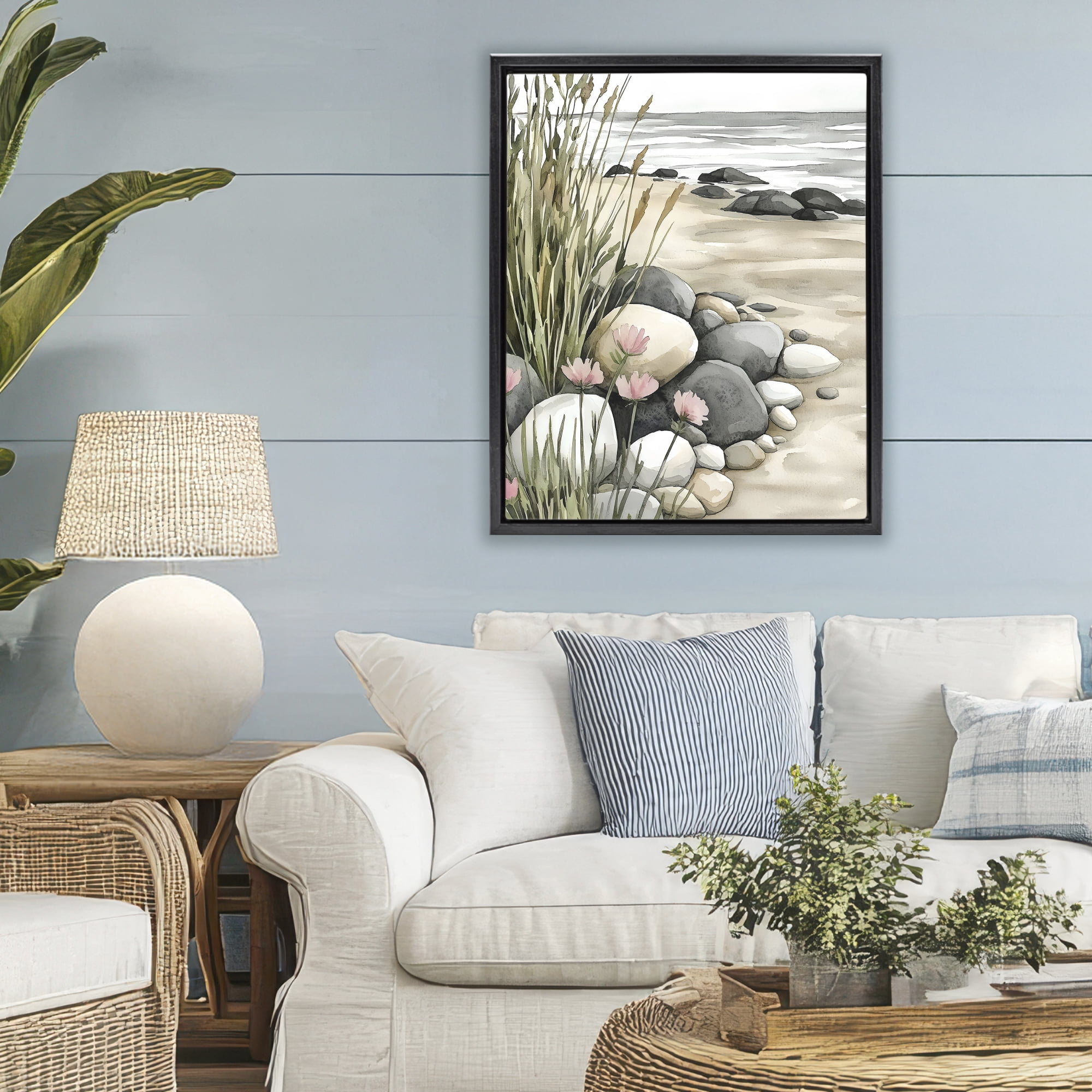 Stupell Industries Coastal Calm Pebbles Black Framed Floater Canvas Wall Art, design by Riley B