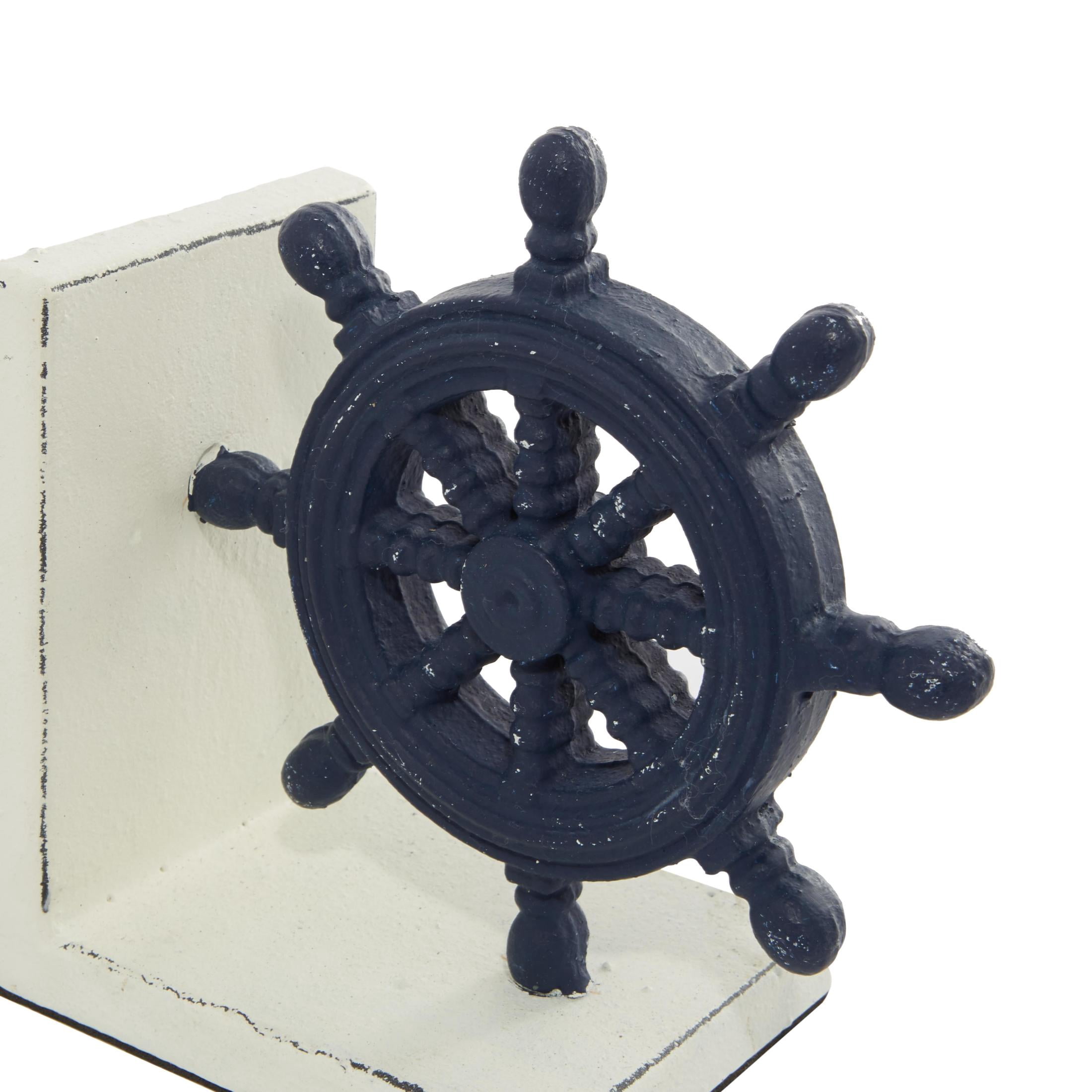 DecMode 6" Anchor Ship Wheel Blue Metal Bookends (Set of 2)