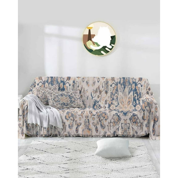 Blue Boho Floral Sofa Covers for 3 Cushion Couch,Washable Sectional & L Shape Couch Covers for Dog/Cat/Kids,Vintage Traditional Oriental Mandala Tribal Non Slip Sofa Slipcover Futon Cover 71x150