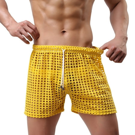 

Fragarn Men s pants Men s Mesh Fishnet Hollow Out Through Waist Drawstring Short Pants Home Lounge Pajamas Bottoms