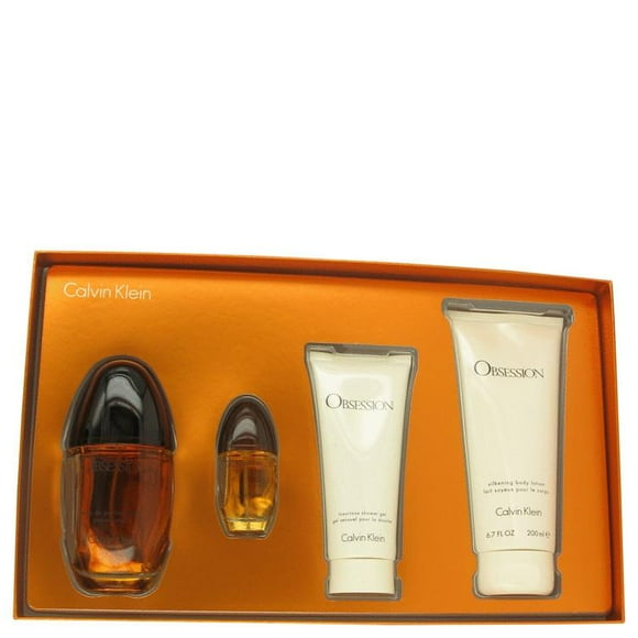 OBSESSION by Calvin Klein Gift Set -- 3.4 oz Eau De Parfum Spray + 6.7 oz Body Lotion + .5 oz Mini EDP Spray + 3 oz Shower Gel (Women)