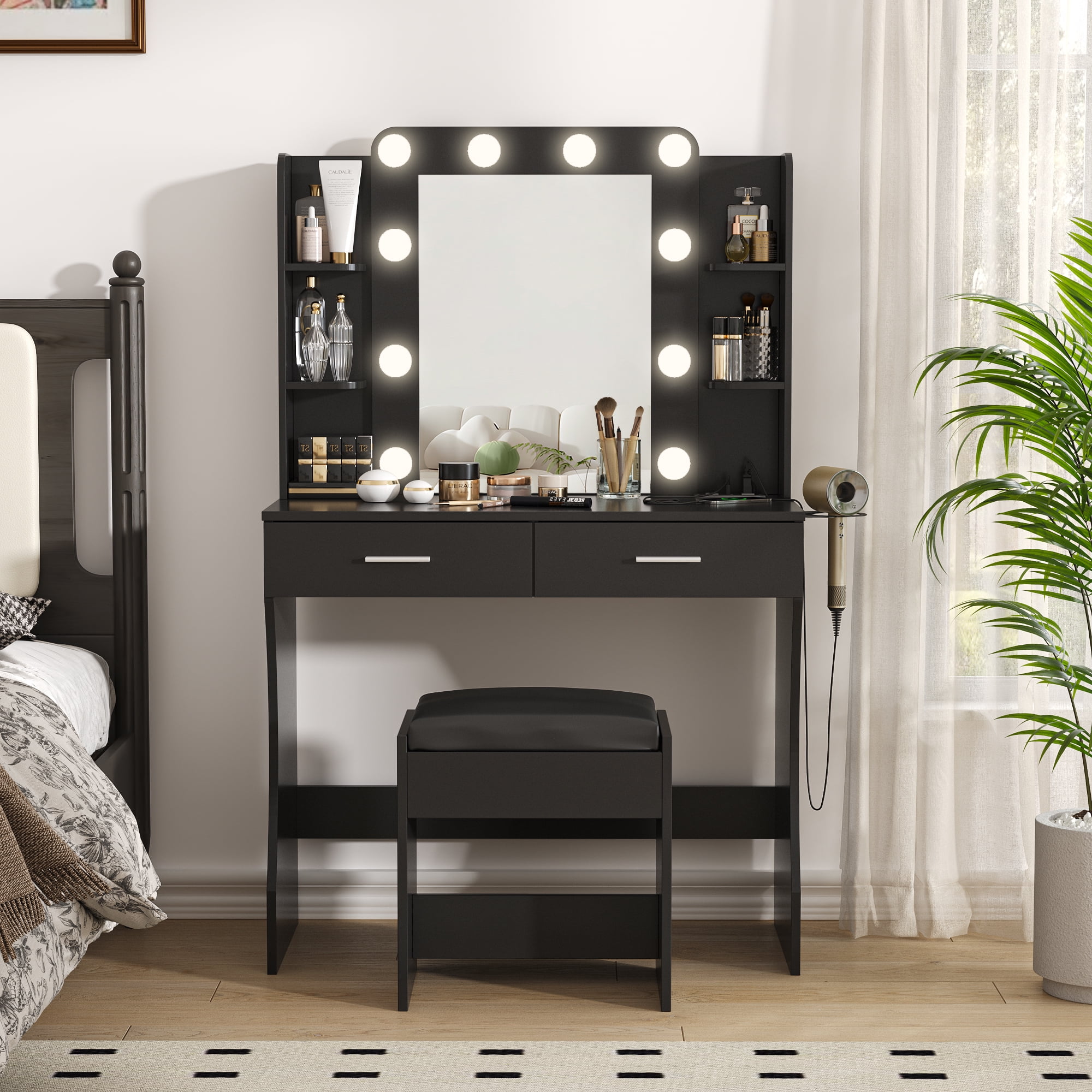Vabches Vanity Set with Lighted Mirror & Power Outlet Makeup Table with 2 Large Drawers, Black