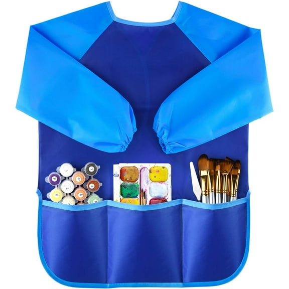 Blue Kids Art Smocks Toddler Smock Waterproof Artist Painting Aprons Long Sleeve with 3 Pockets for Age 2-8 Years Gifts, Waterproof Art Painting Crafts Apron with Pockets