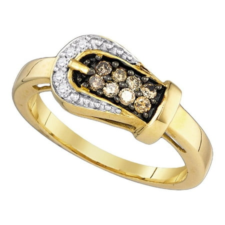 - Brown Diamond Buckle Ring Solid 10k Yellow Gold Belt Band Chocolate Round Cluster Style Polished 1/4 ctw