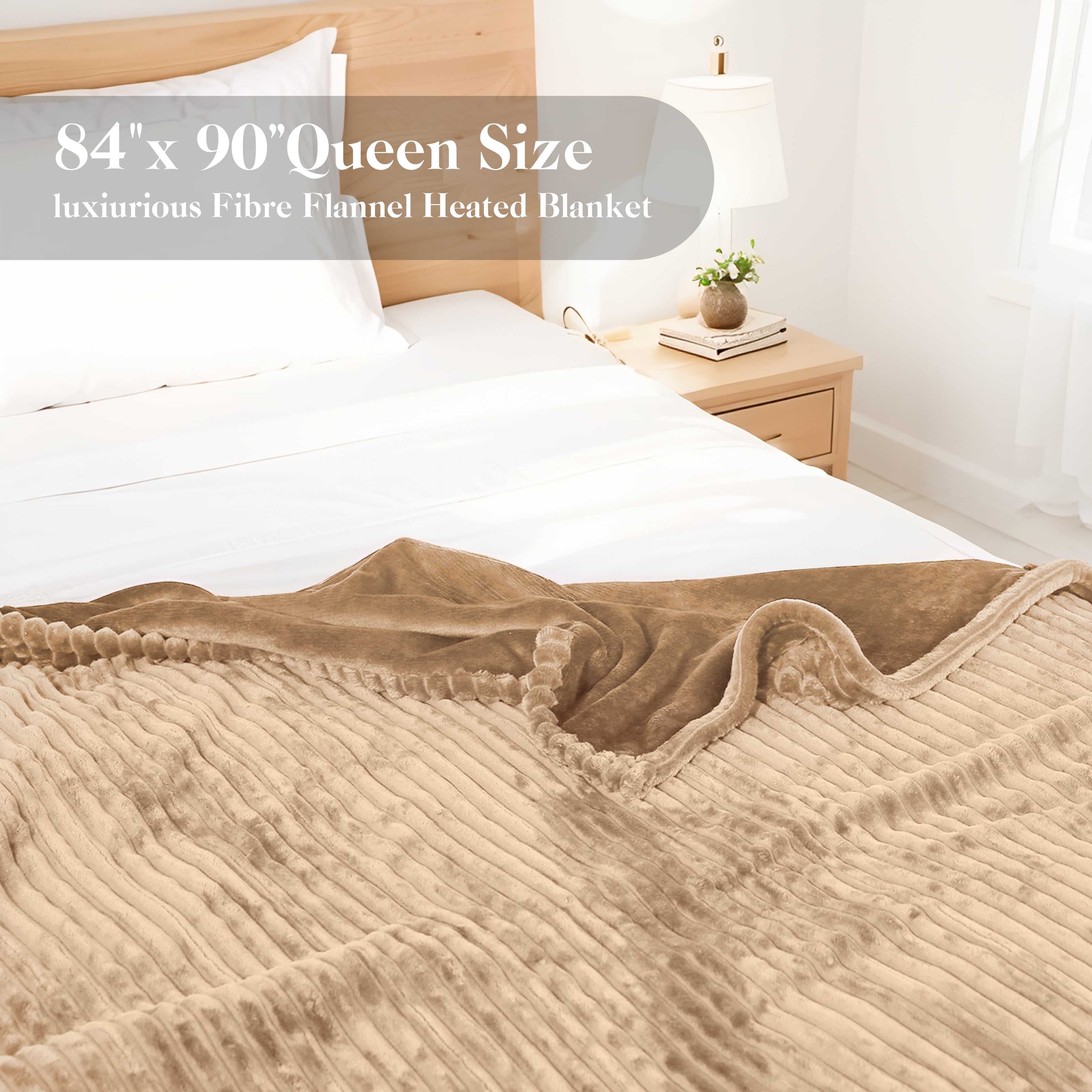 GONUES Heated Electric Blanket Queen Size 84"x90"-10 Heat Settings & 1-12 Hours Auto-off, Soft Warm Flannel Fast Heating Blanketfor Bed, Sofa&Office, Machine Washable- Camel