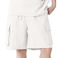 thumbnail image 4 of Men Bubble Textured 2 Piece Outfit Set, Quarter Zip Stand Collar Short Sleeve Jacket and Drawstring Elastic Waist Cargo Pocket Shorts Summer Tracksuit Size 4XL White, 4 of 5