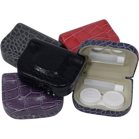 Faux Patent Leather Croco Contact Lens Travel Case Mirror Solution Bottle Black